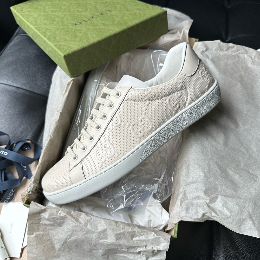 MEN'S ACE GG EMBOSSED SNEAKER in ECRU COLOR